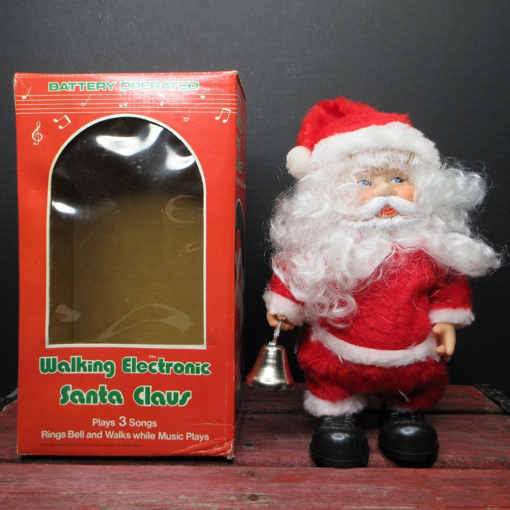 Vintage Walking Electronic Santa Claus Figurine Rings Bell Plays 3 Songs w/ Box